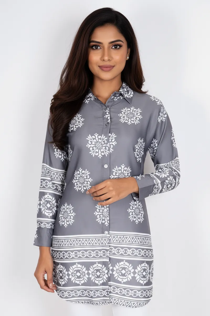 Rayon Floral Printed Shirt Style Top for Women CLW00278GRE2XXL