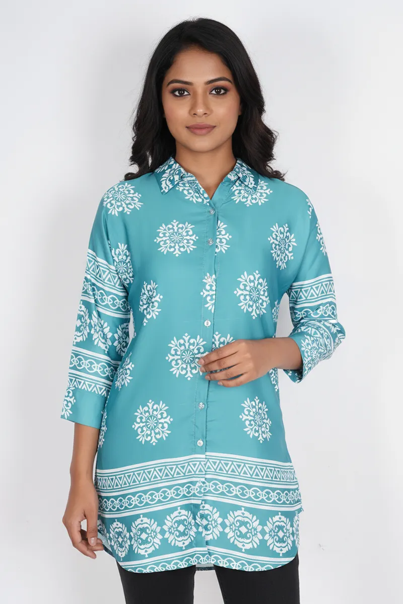 Rayon Floral Printed Shirt Style Top for Women CLW00278GREXL