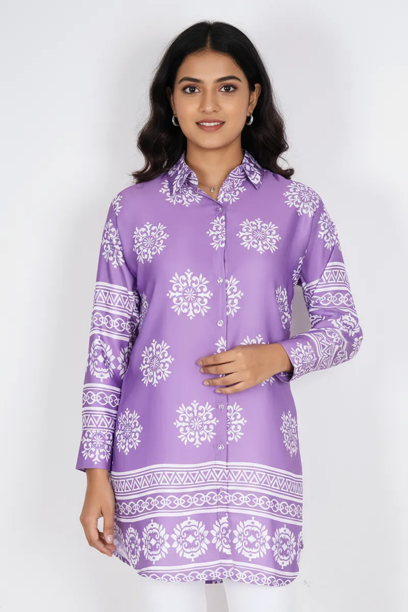 Rayon Floral Printed Shirt Style Top for Women CLW00278LAVXXL