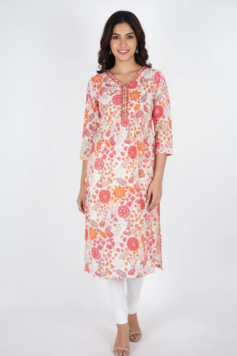 Rayon Floral Printed A-line Kurti for Women CLW00279PINL - Pink kurti - L kurti