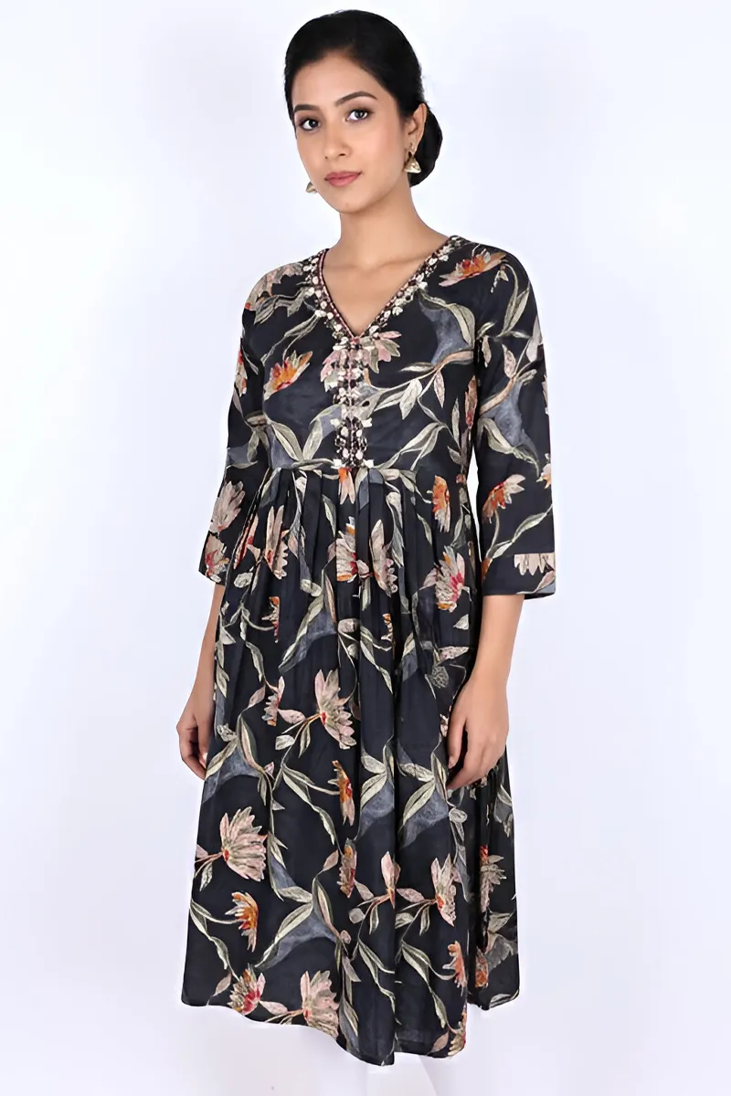 Rayon Floral Printed A-line Kurti for Women CLW00281BLAL - Black kurti - Black kurti - L kurti