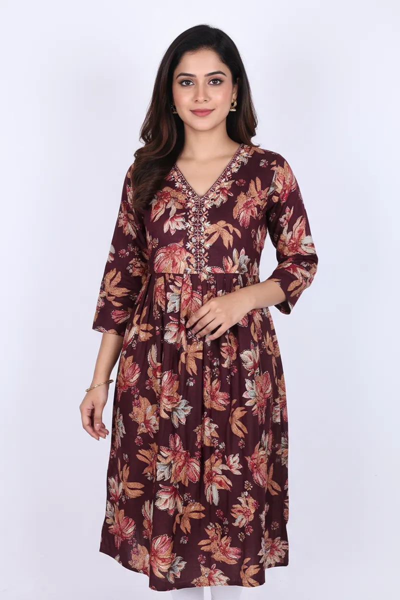 Rayon Floral Printed A-line Kurti for Women