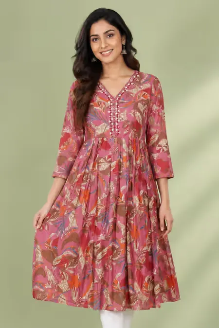 Rayon Printed A-line Kurti for Women CLW00285DUSPINL