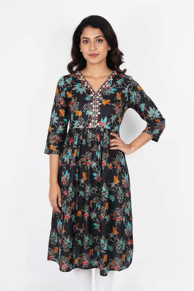 Rayon Floral Printed A-line Kurti for Women CLW00286BLAL - Black kurti - L kurti