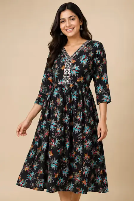 Rayon Floral Printed A-line Kurti for Women CLW00286BLAXXL - Black kurti - XXL kurti