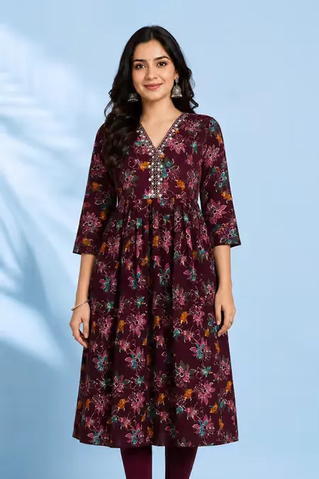 Rayon Floral Printed A-line Kurti for Women CLW00286WINXXL