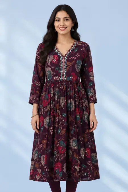 Rayon Floral Printed A-line Kurti for Women