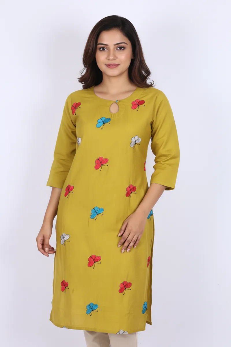 Cotton Butterfly Printed Kurti for Women CLW00301LIMGREL