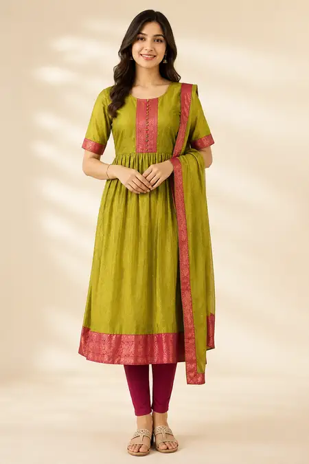 Vichitra Silk Solid Kurti with Dupatta Set for Women
