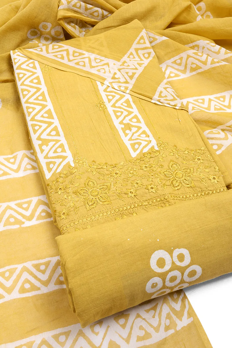 Cotton Printed & Embroidered Unstitched Dress Material for Women CLW00365YEL