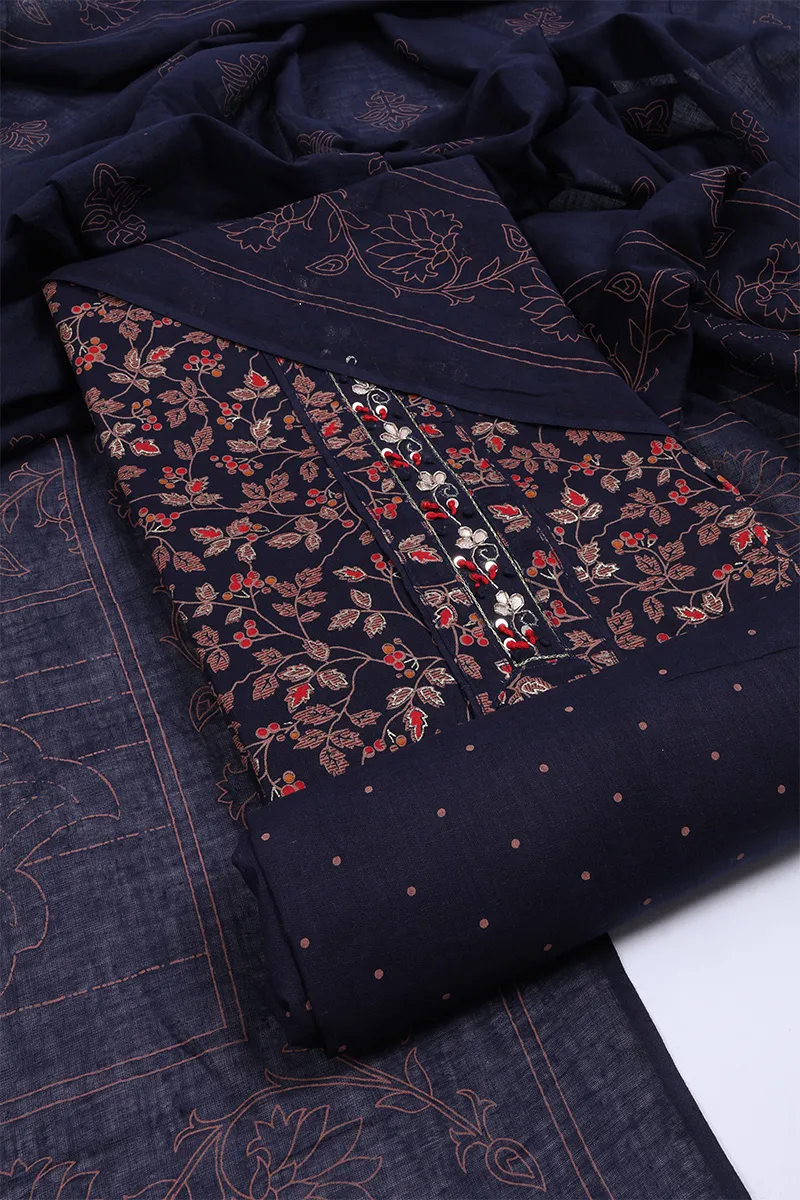 Cotton Botanical Printed Unstitched Dress Material for Women CLW00367NAVBLU