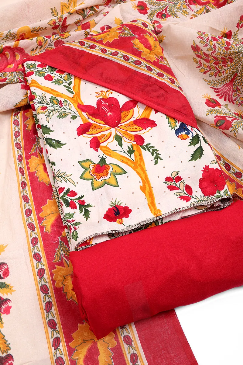 Cotton Floral Printed Unstitched Dress Material for Women CLW00368RED