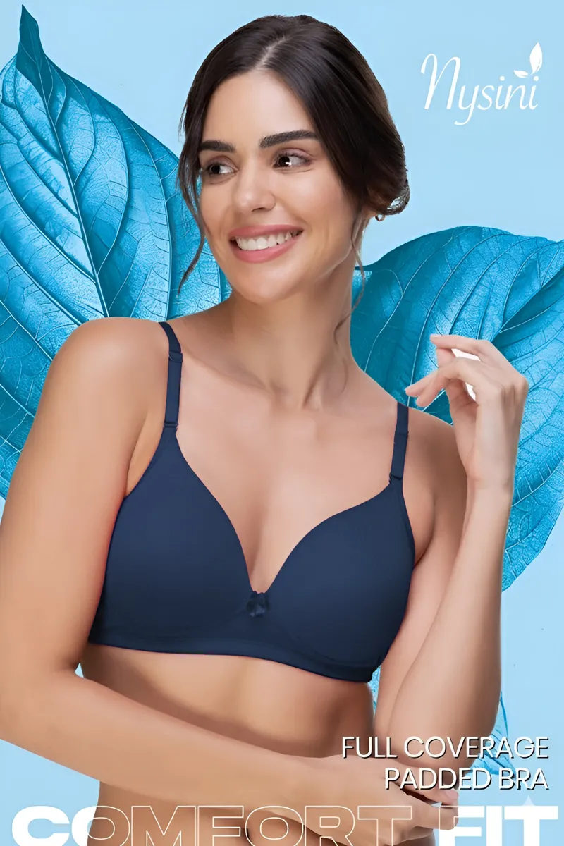 Nysini Cotton Solid Full Coverage Padded Bra for Women CLW00382NAVBLU32B