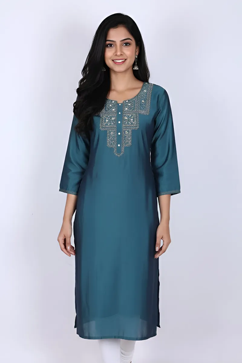 Cotton Blend Embroidered Kurti for Women CLW00426BLUM - Blue kurti - M kurti