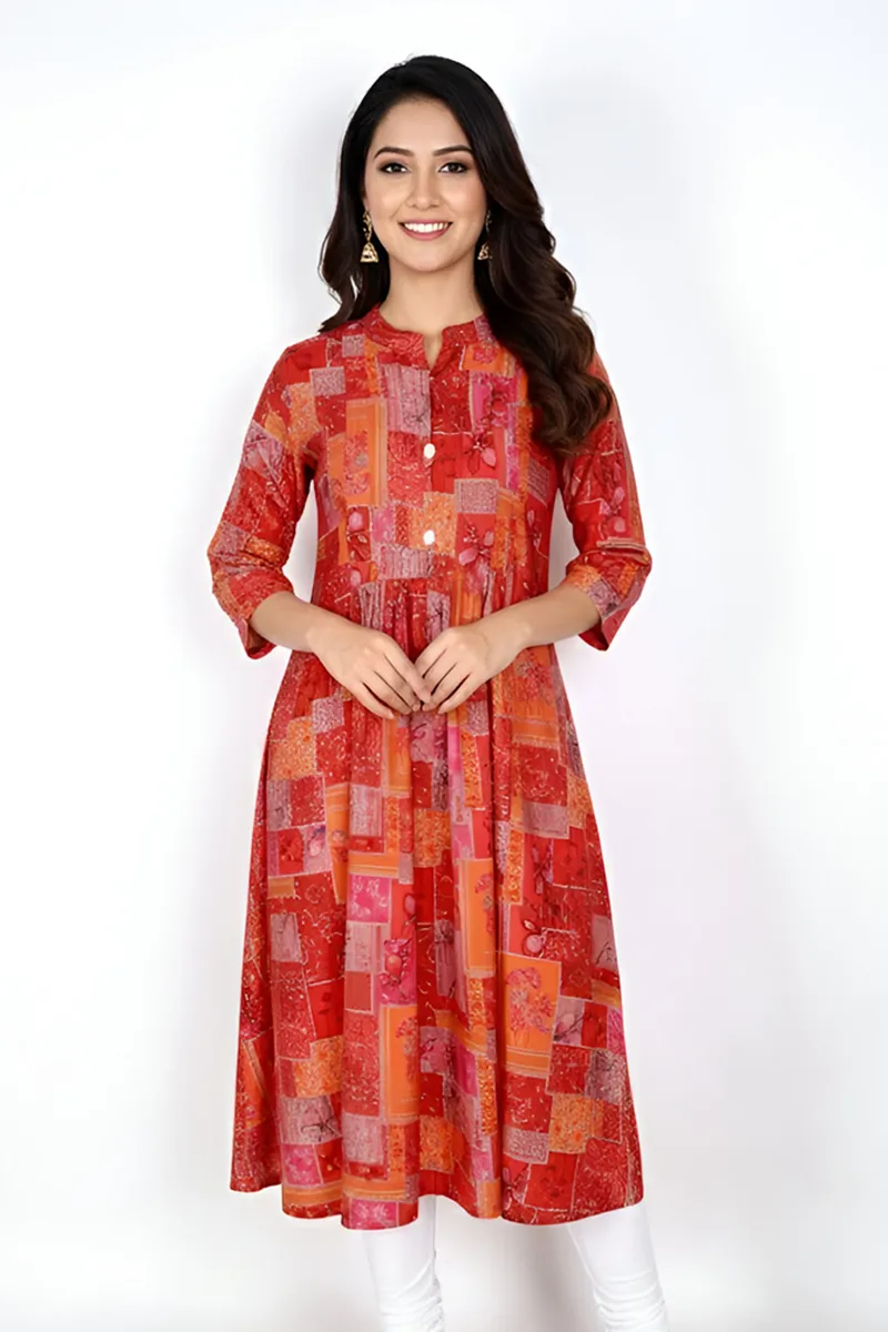 Polycotton A-line Printed Kurti for Women CLW00428PIN4XL - Pink kurti - 4XL kurti
