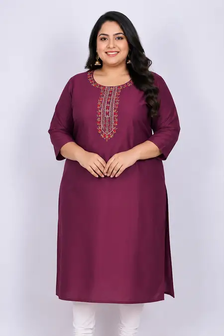 Cotton Blend Embroidered Kurti for Women - Plus Size