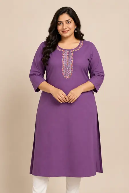 Cotton Blend Embroidered Kurti for Women - Plus Size