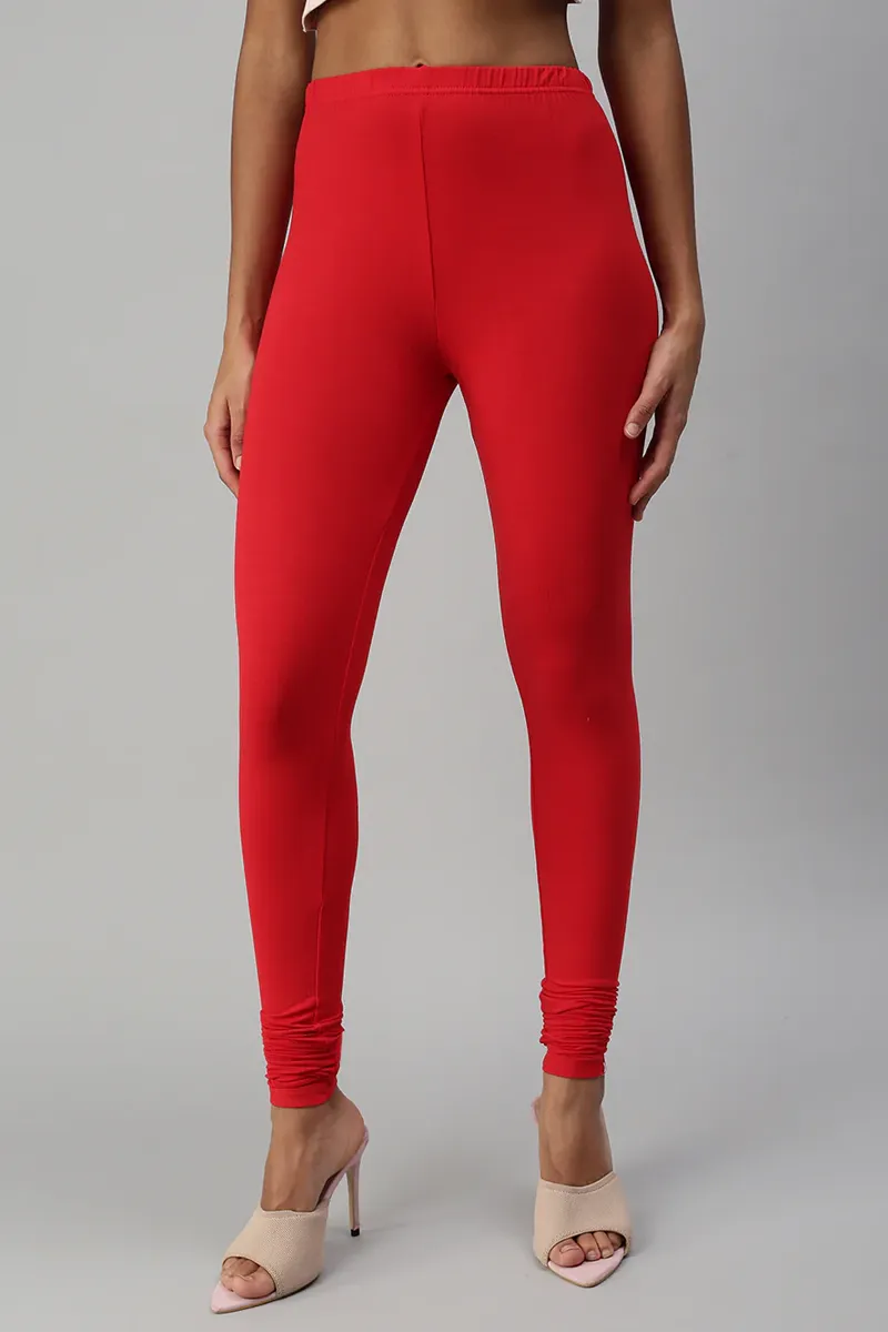 Cotton Lycra Stretchable Churidar Leggings for Women CLW00452REDM