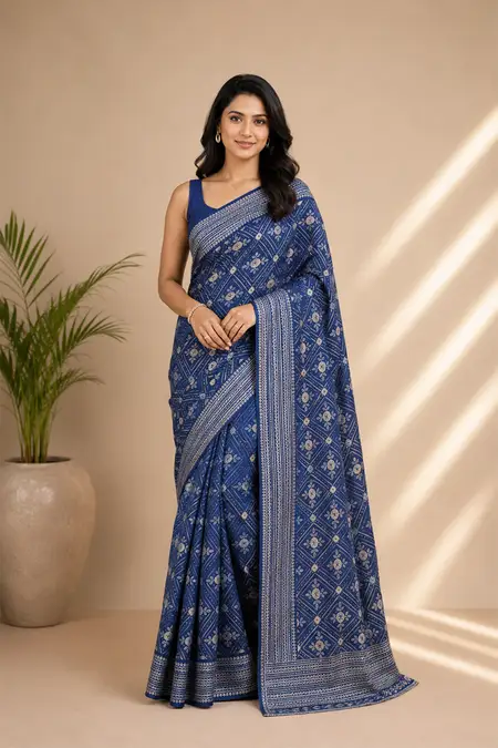 Synthetic Printed Saree with Unstitched Blouse for Women