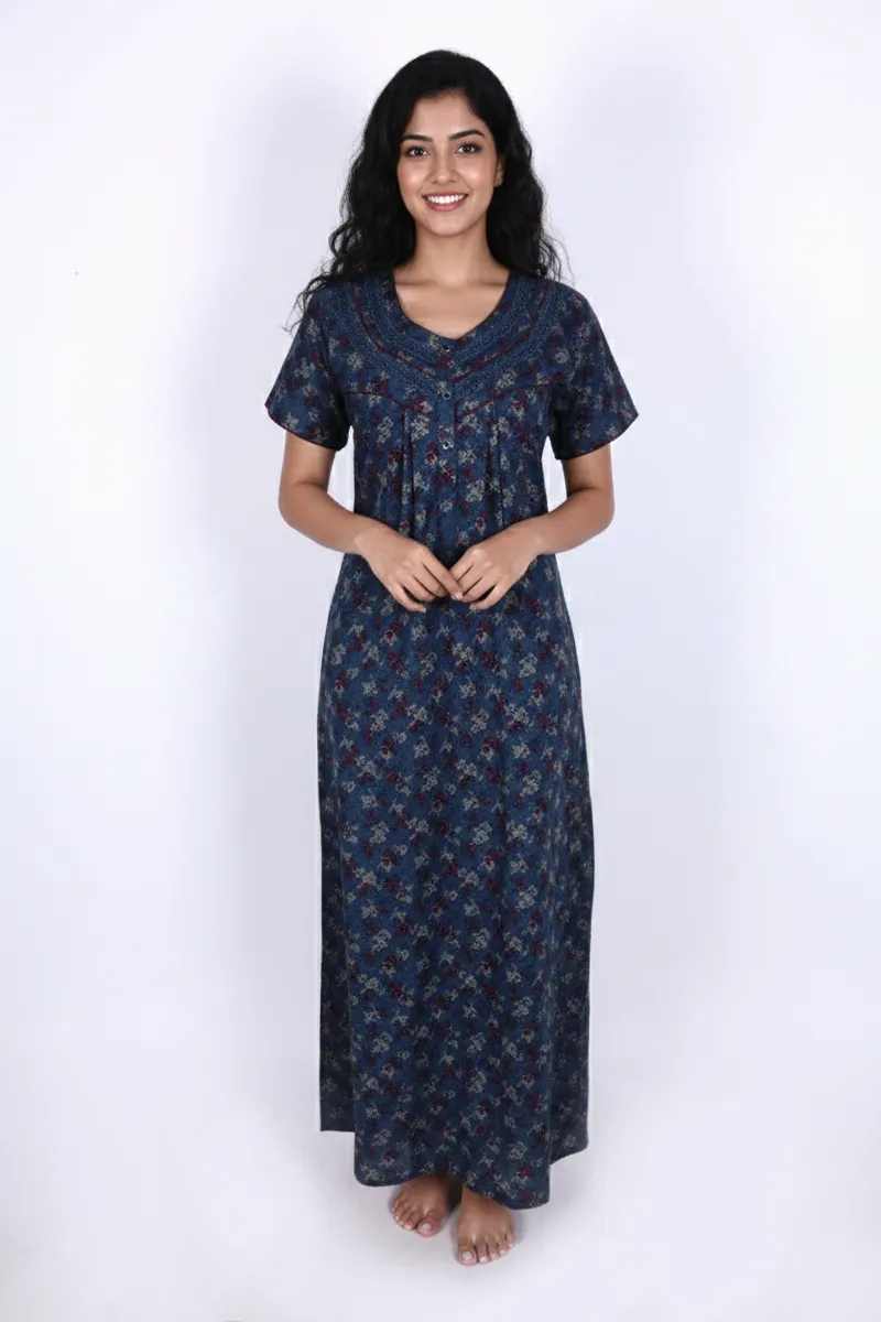 Cotton Blend Floral Printed Nighty for Women CLW00557BLUXL