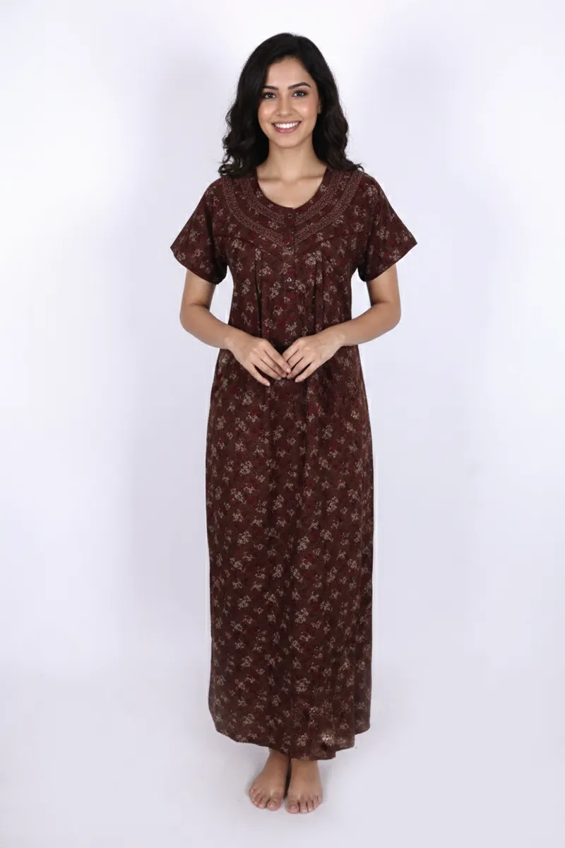 Cotton Blend Floral Printed Nighty for Women CLW00557BROL