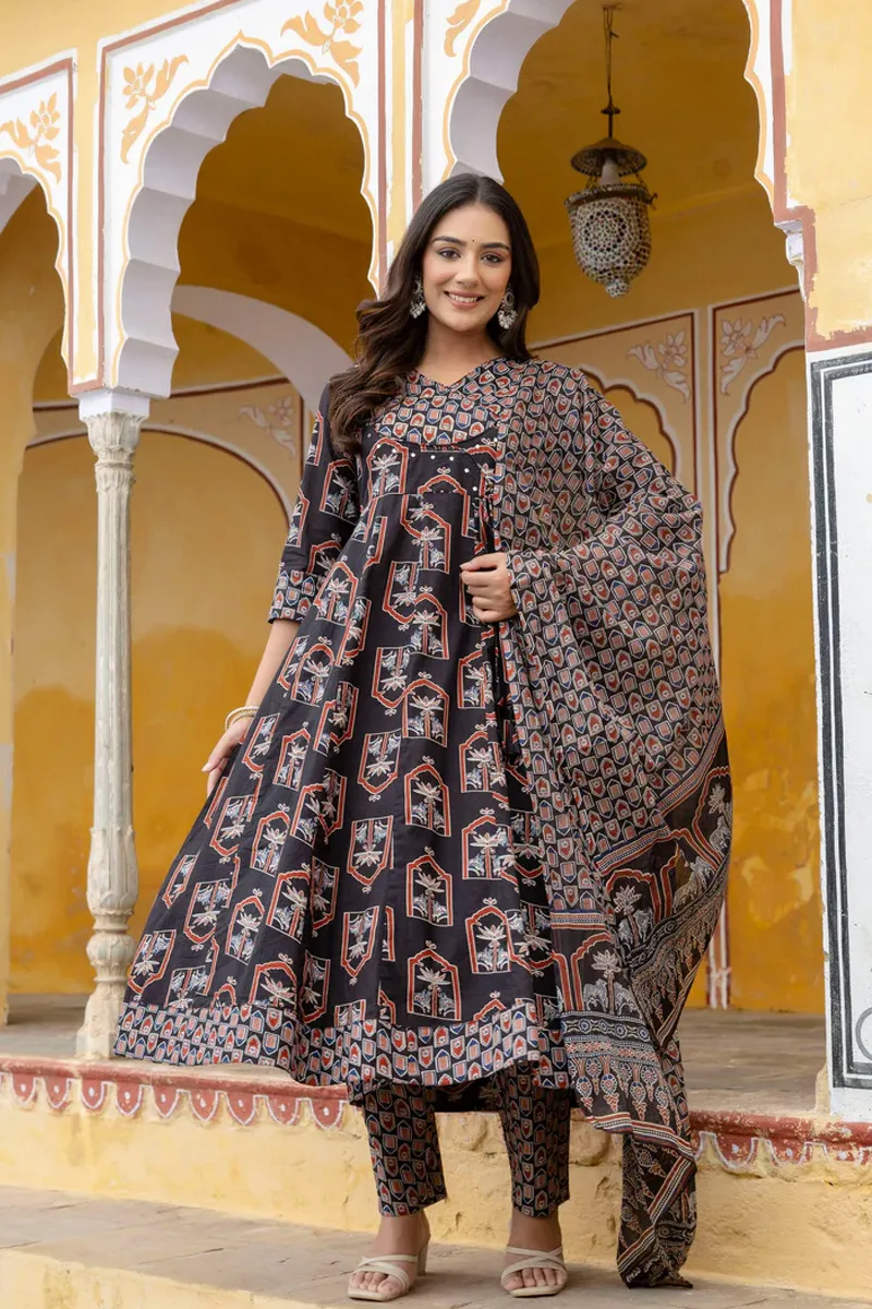 Cotton Ethnic Handblock Printed Angarkha Kurti with Pant & Dupatta Set for Women CLW00573BLAS