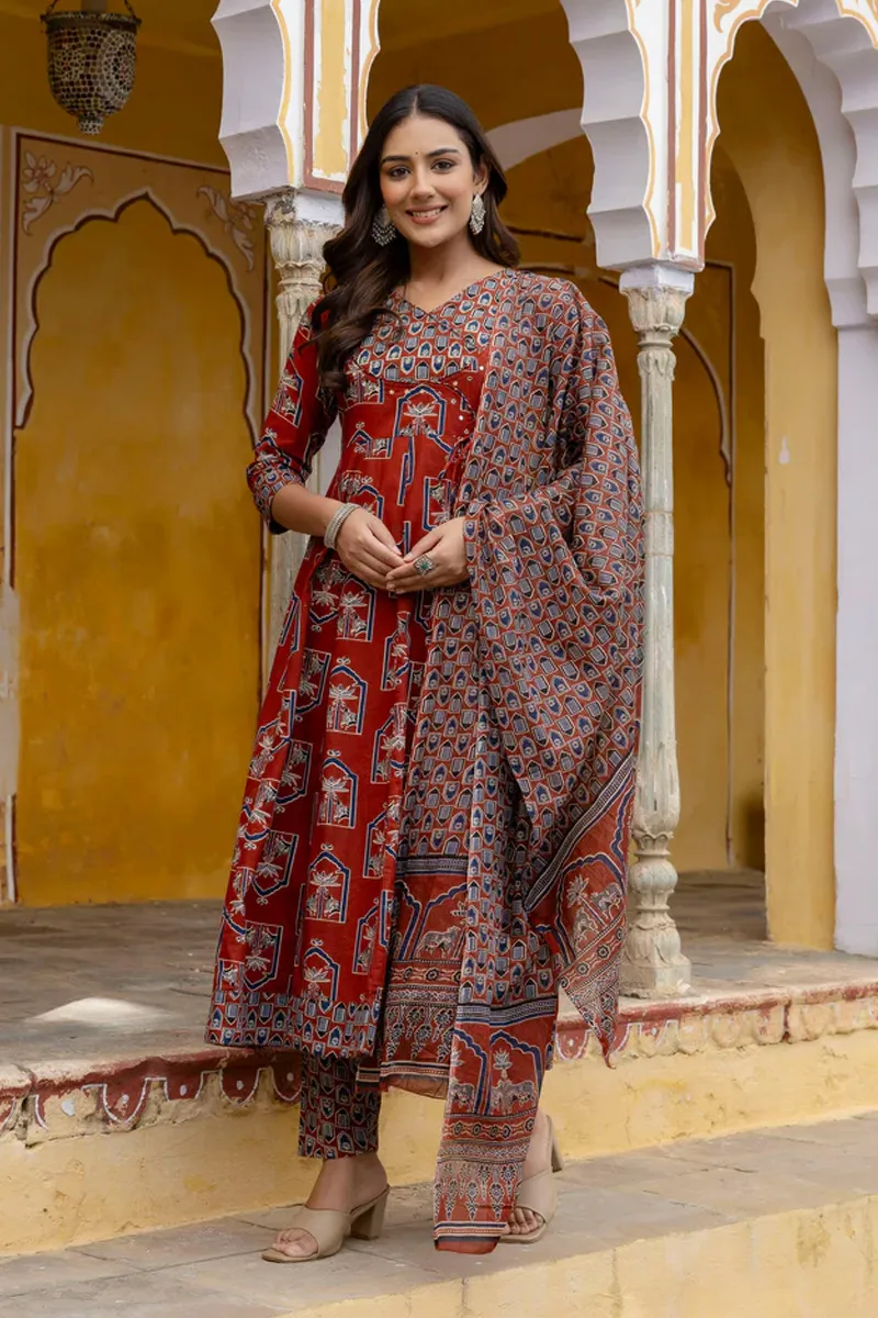 Cotton Ethnic Handblock Printed Angarkha Kurti with Pant & Dupatta Set for Women CLW00573RUSXL