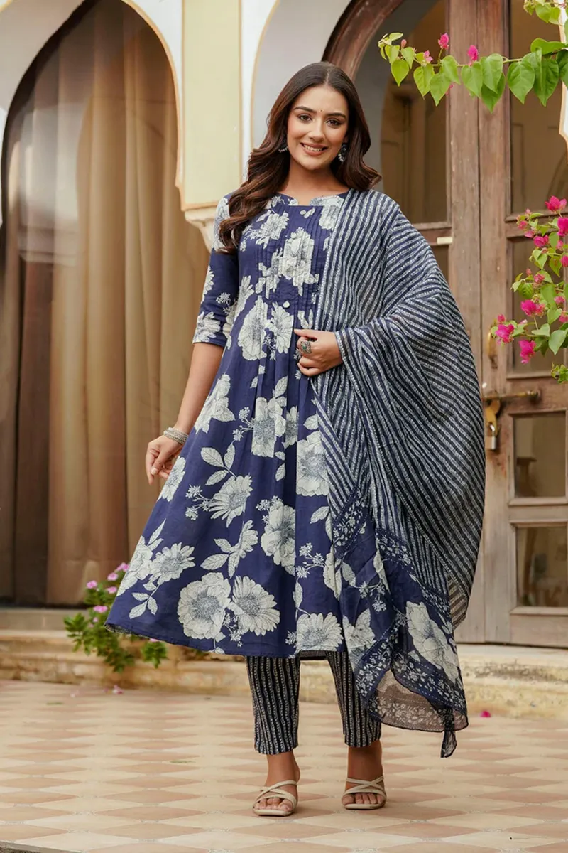 Cotton Floral Printed Kurti with Pant & Dupatta Set for Women CLW00575BLUXXL