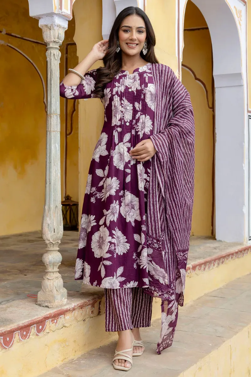 Cotton Floral Printed Kurti with Pant & Dupatta Set for Women CLW00575PURL