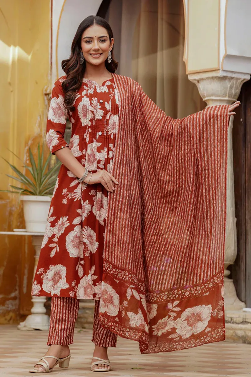 Cotton Floral Printed Kurti with Pant & Dupatta Set for Women CLW00575RUSXXL