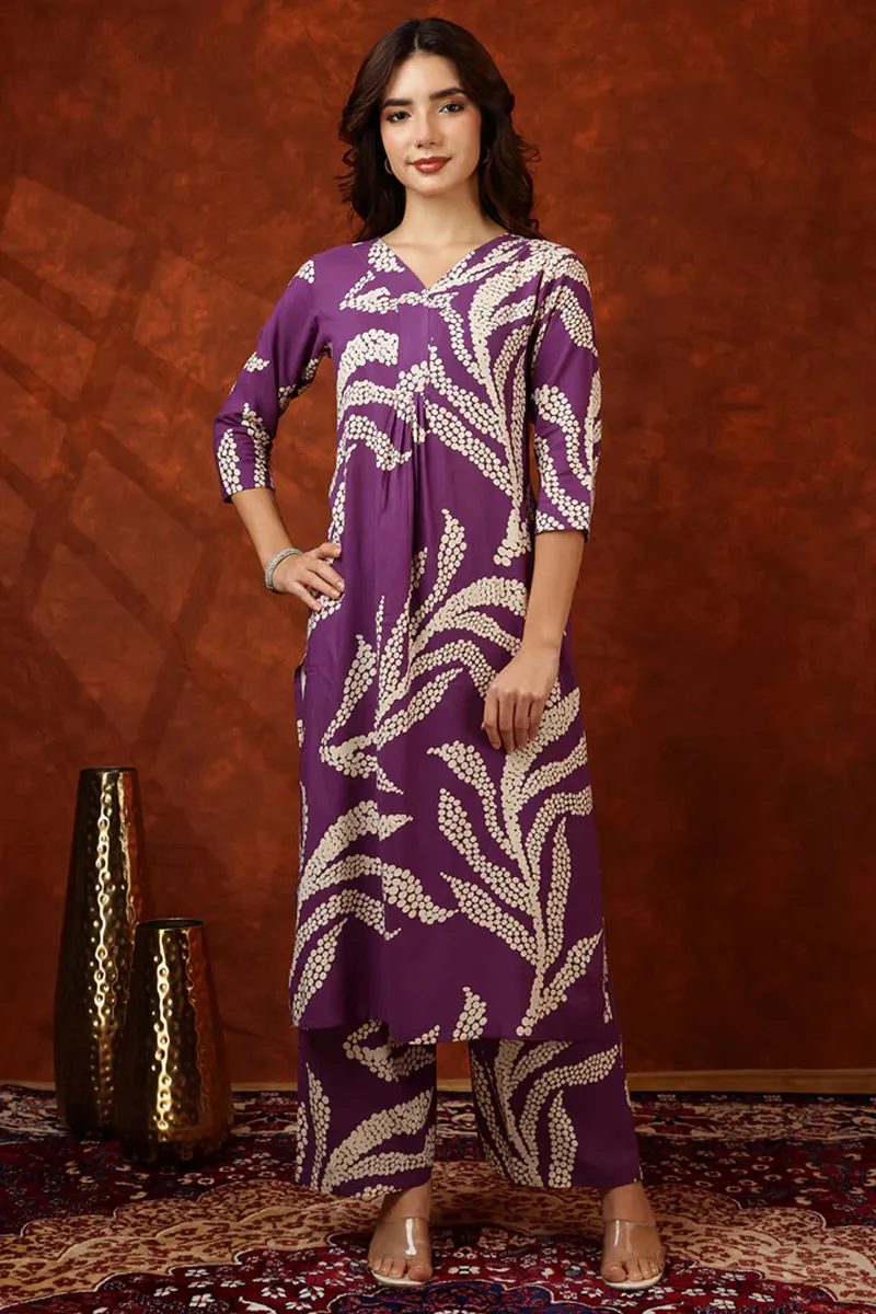 Rayon Botanical printed Kurta with Palazzo Pant Set for Women CLW00576PURXXL