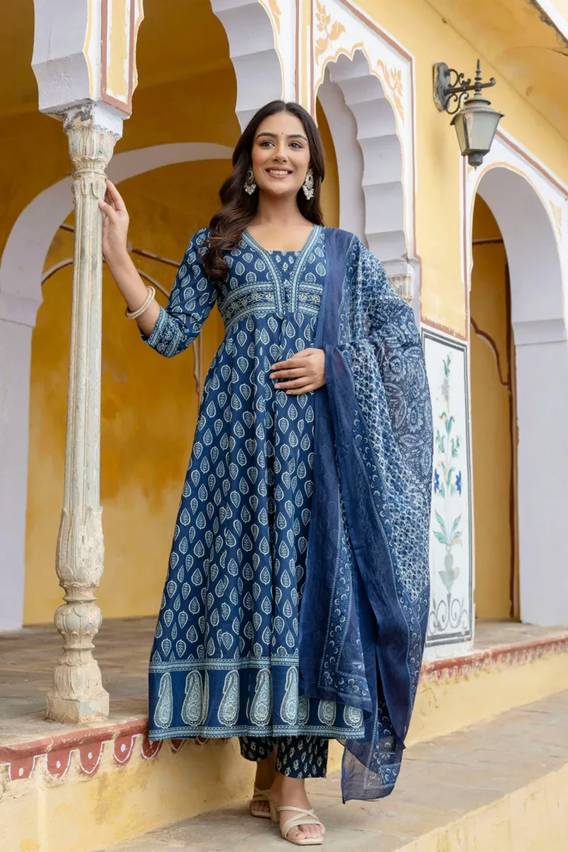 Cotton Printed Anarkali Kurti with Pant & Dupatta Set for Women CLW00577BLUXXL