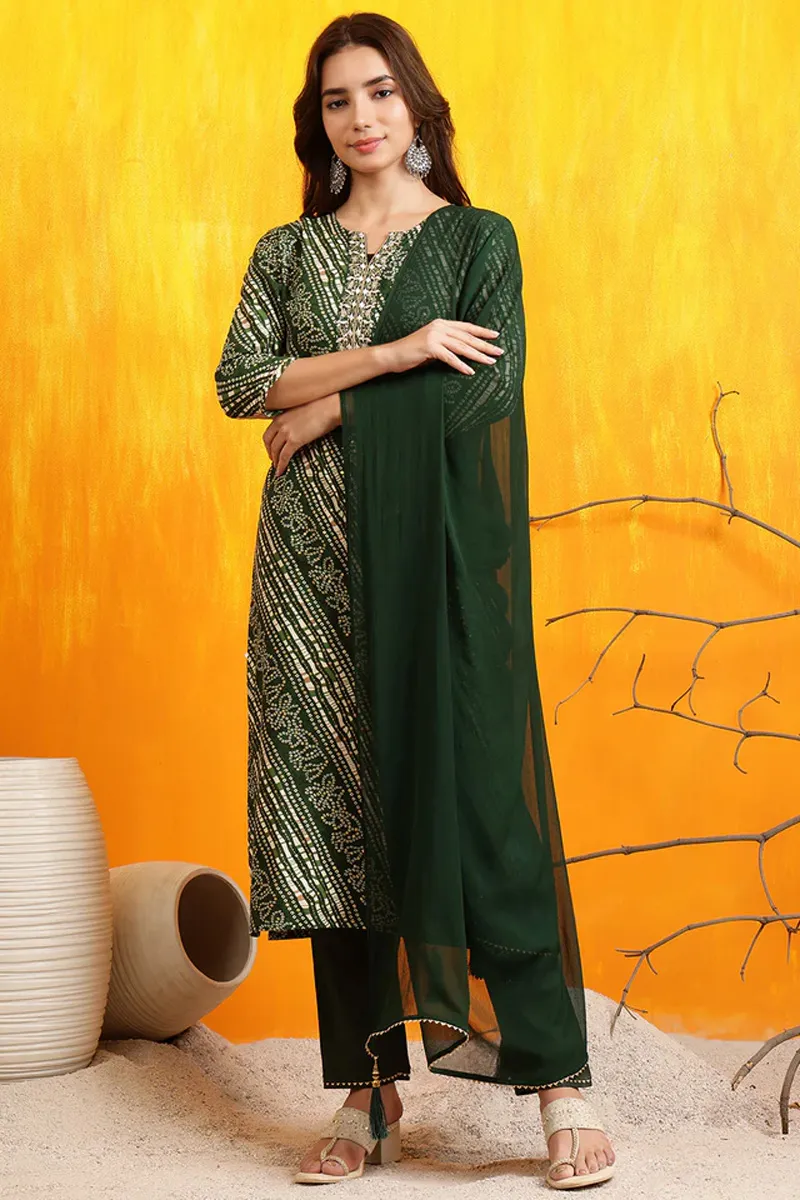 Rayon Printed Embroidered Kurti with Pant & Dupatta Set for Women