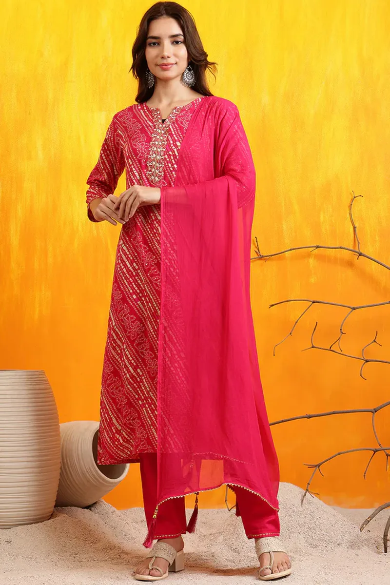 Rayon Printed Embroidered Kurti with Pant & Dupatta Set for Women