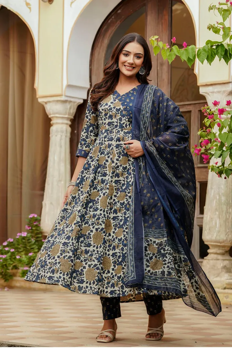 Cotton Floral Printed Angarkha Kurti with Pant & Dupatta Set for Women