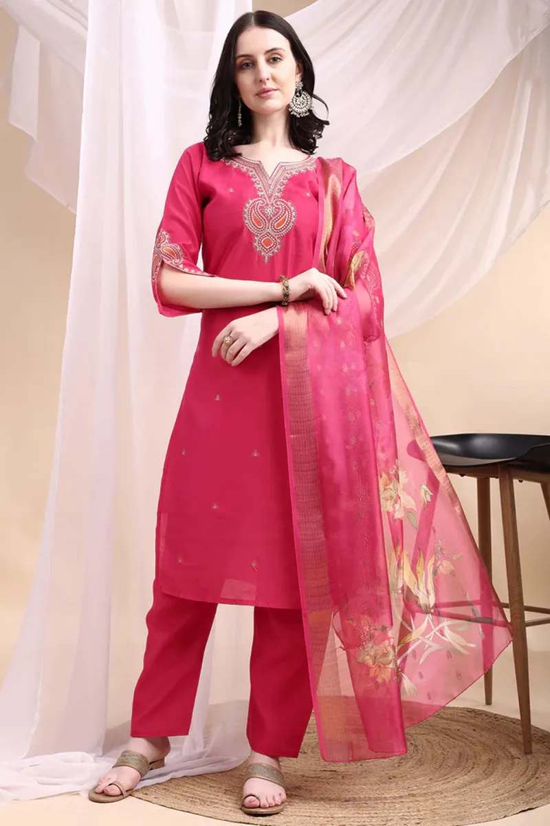 Chanderi Cotton Embroidered Kurti with Pant & Dupatta Set for Women