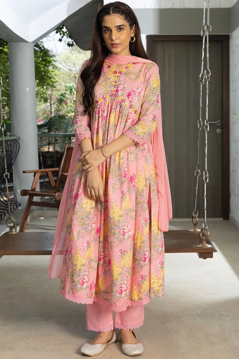 Cotton Floral Printed Kurti with Pant & Dupatta Set for Women