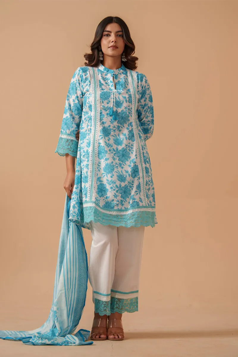 Linen Foral Printed Kurti with Pant & Dupatta Set for Women