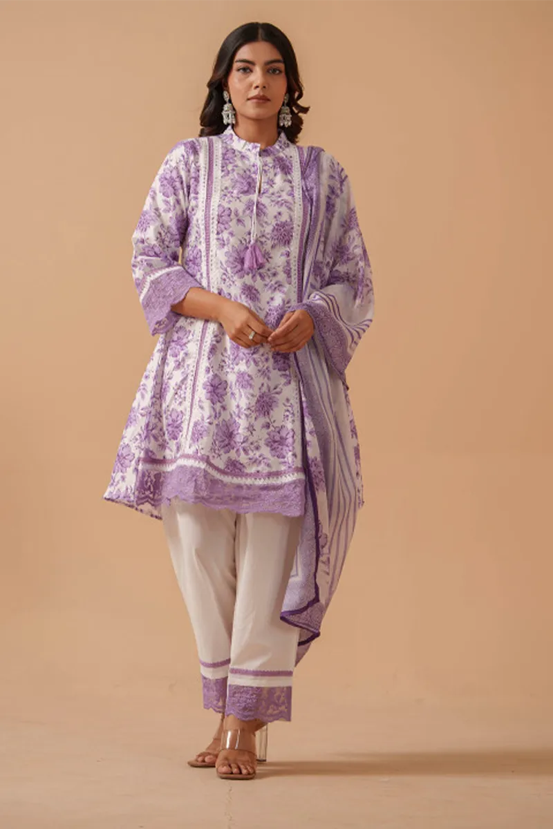 Linen Foral Printed Kurti with Pant & Dupatta Set for Women