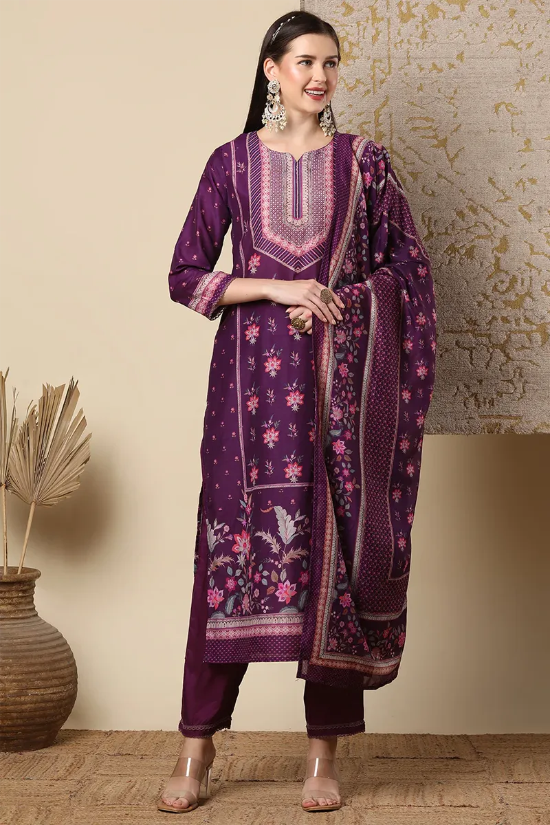 Muslin Silk Foral Printed Kurti with Pant & Dupatta Set for Women CLW00602PURM