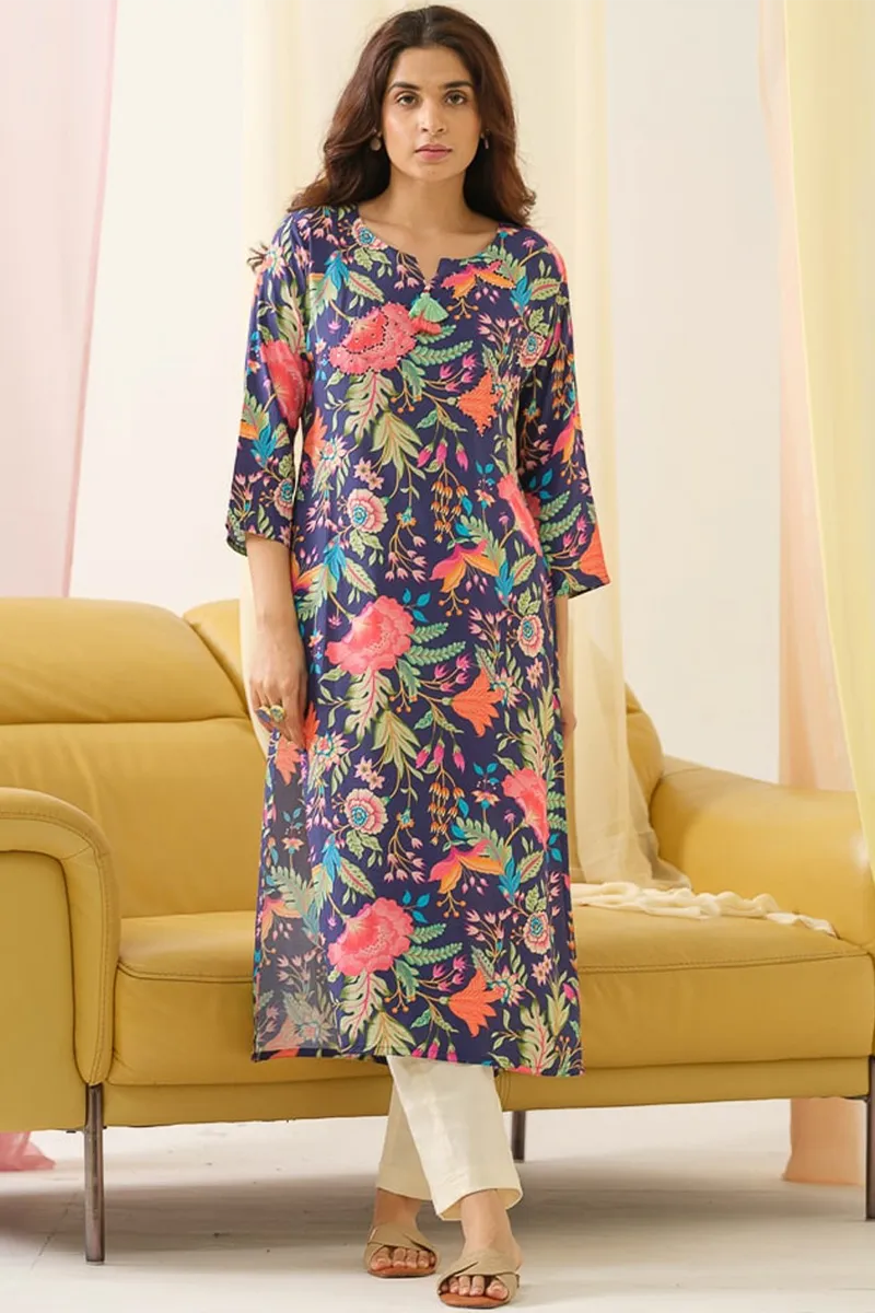 Viscose Rayon Floral Printed Kurti for Women CLW00603BLUL - Blue kurti - L kurti