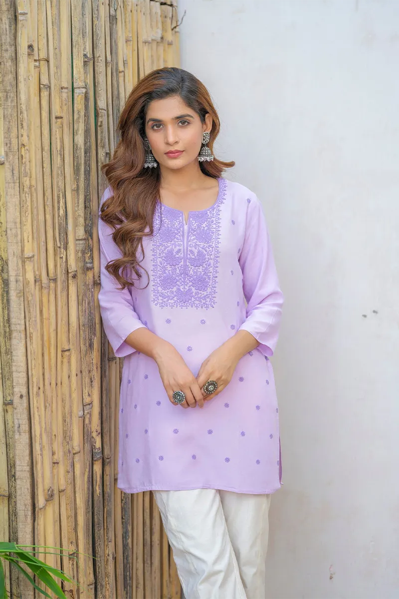 Viscose Rayon Floral Embroidered Short Kurti for Women
