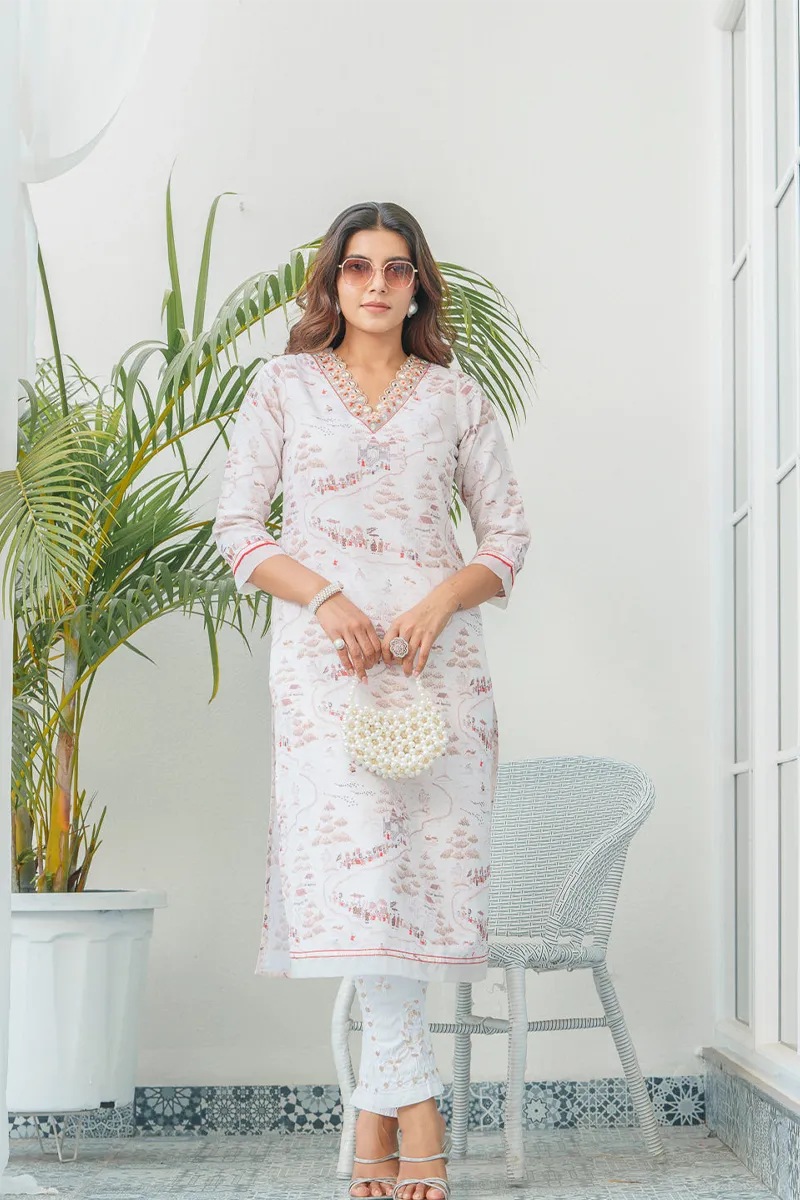 Linen Abstract Printed Kurti for Women CLW00605WHIXL - White kurti -XL