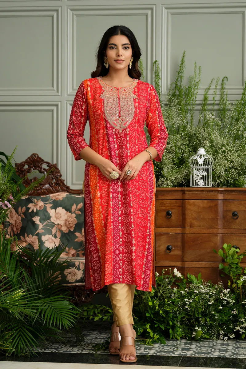 Rayon Bandhani Printed Kurti for Women