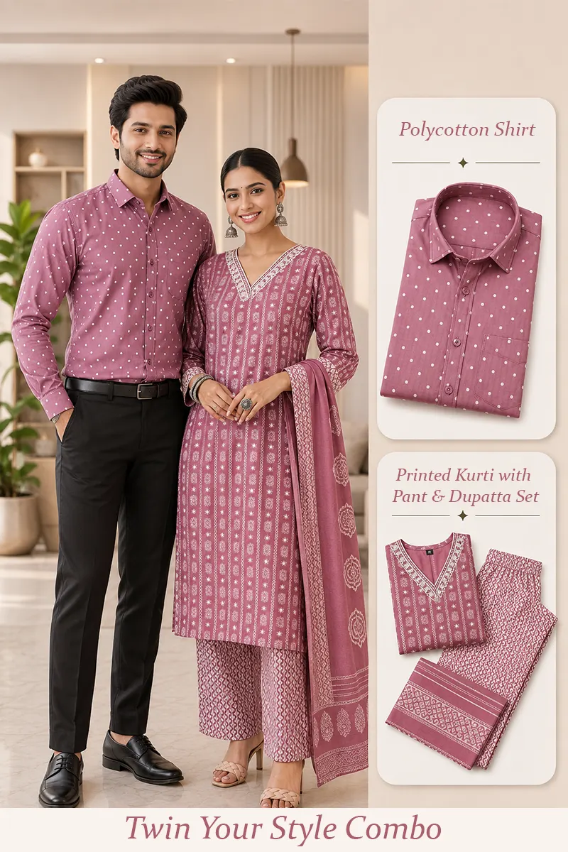 Casual Twin Combo for Men & Women (Shirt & Kurti 3Pcs Set)