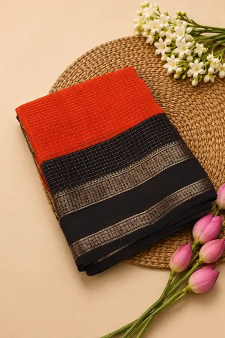 Synthetic Gold Zari Checked Saree with Unstitched Blouse for Women