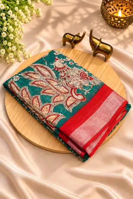 Linen Cotton Peacock Printed Saree with Unstitched Blouse for Women