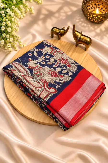 Linen Cotton Peacock Printed Saree with Unstitched Blouse for Women