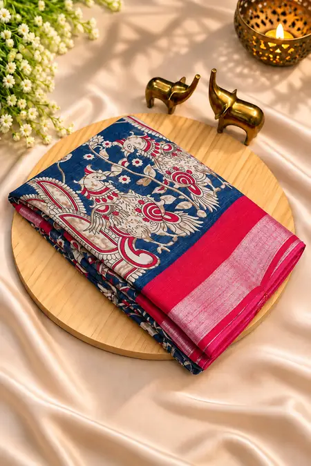 Linen Cotton Peacock Printed Saree with Unstitched Blouse for Women
