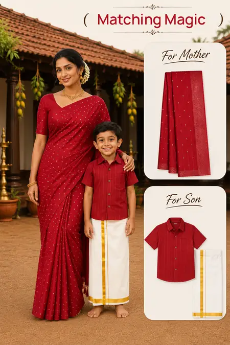 Mom & Son Twinning Combo – Saree with Shirt & Dhoti Set